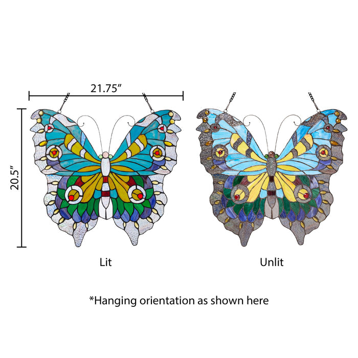 20.5"H Stained Glass Swallowtail Butterfly Window Panel-Comparison between backlit and frontlit