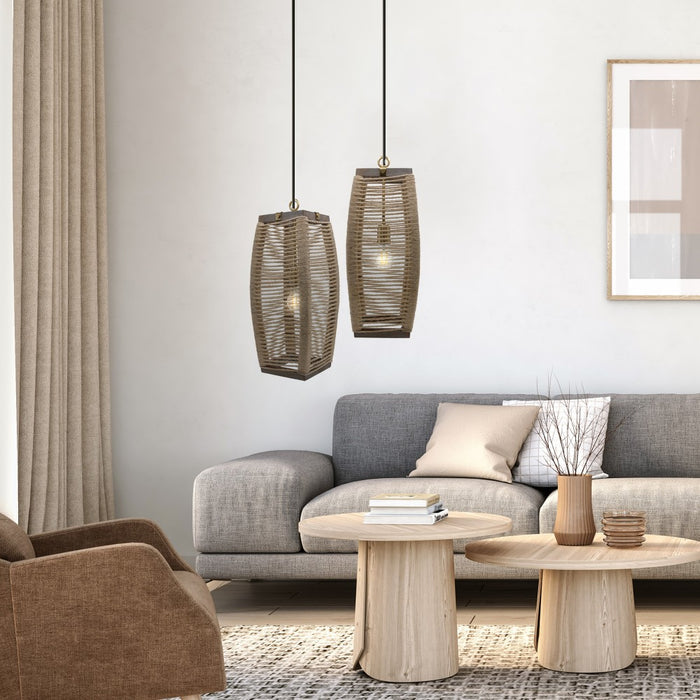 20"H Baywater Cylinder 1-Light Rope Pendant in a modern living room with gray sofa and wooden coffee tables
