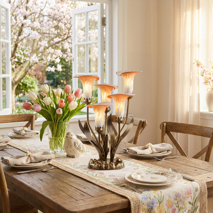 20"H Hand Blown Glass 5 Calla Lily Uplight Accent Lamp in an elegant dining room table setting with floral centerpiece