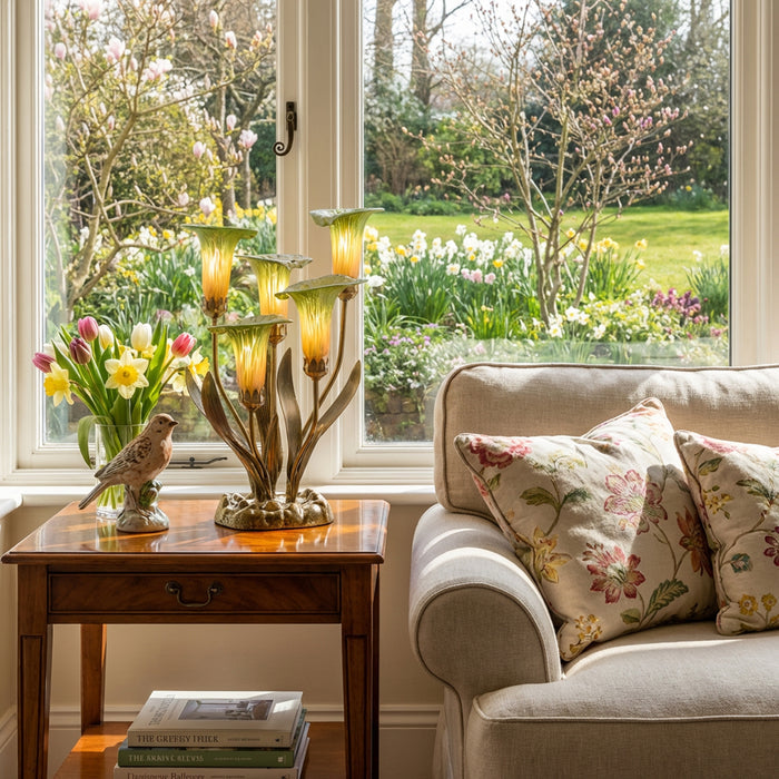 20"H Hand Blown Glass 5 Calla Lily Uplight Accent Lamp in a living room with books and floral arrangement by a window with garden view.