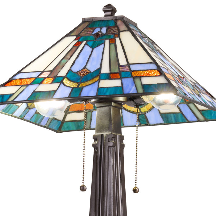 21" H Clarion Tiffany-Style Stained Glass Empire Shade Candlestick Base Table Lamp -Close up lit