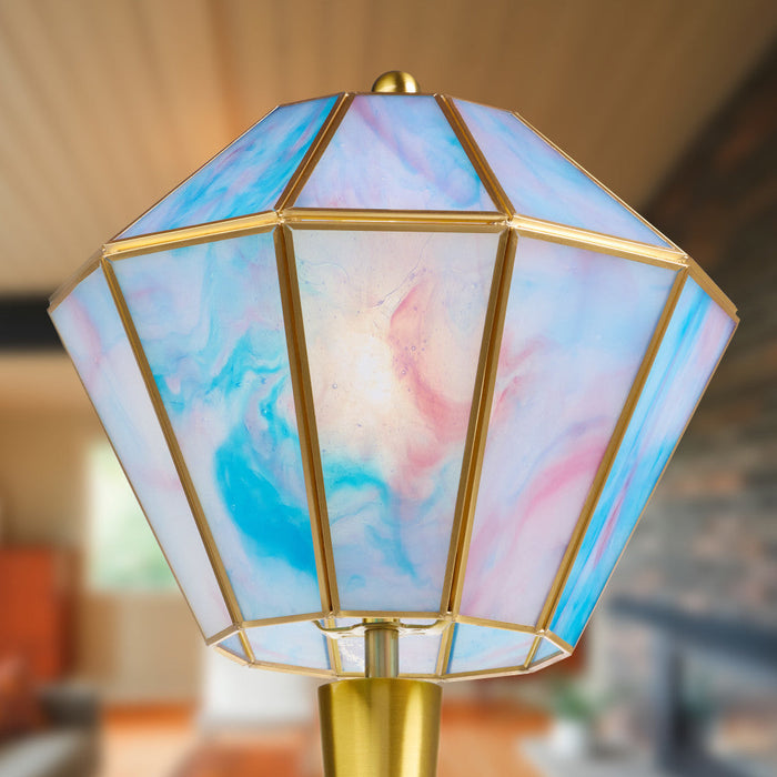 21" H Jolie Blue Stained Glass Shade Table Lamp in a blurred out room