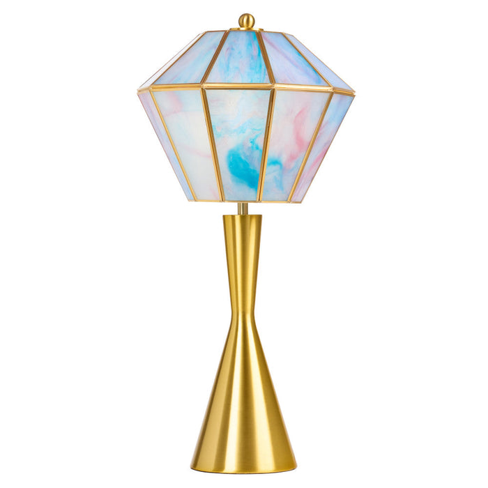 21" H Jolie Blue Stained Glass Shade Table Lamp. Lit