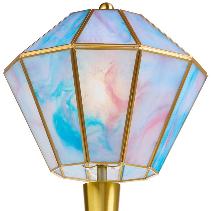 21" H Jolie Blue Stained Glass Shade Table Lamp. Close up of shade, lit
