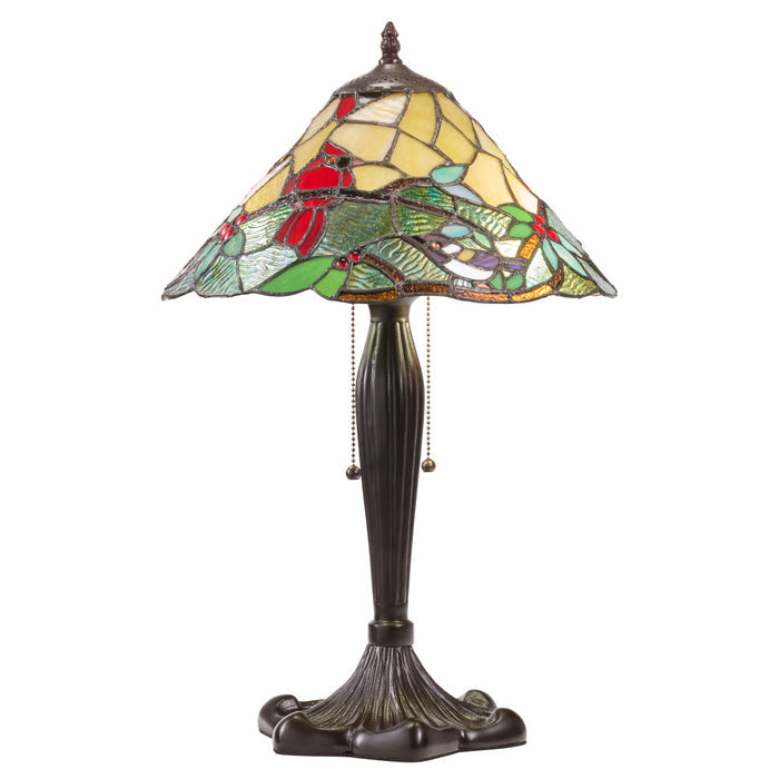 21.5" H Crimson Cardinal Tiffany-Style Stained Glass Cone Shade Candlestick Table Lamp -lit