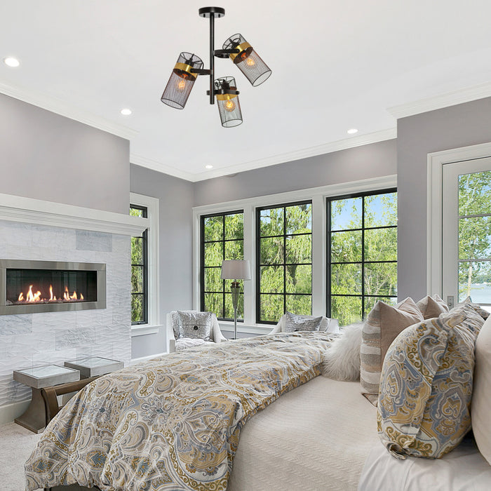 21"H Geo Ceiling Light with Black Metal Shades in a modern bedroom with a fireplace, large windows, and decorative pillows.