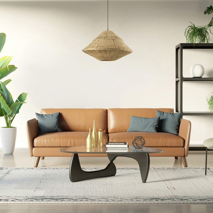22" W 1-Light Minka Metal and Jute Pendant Light in a modern living room with a brown sofa, coffee table, and decorative items.