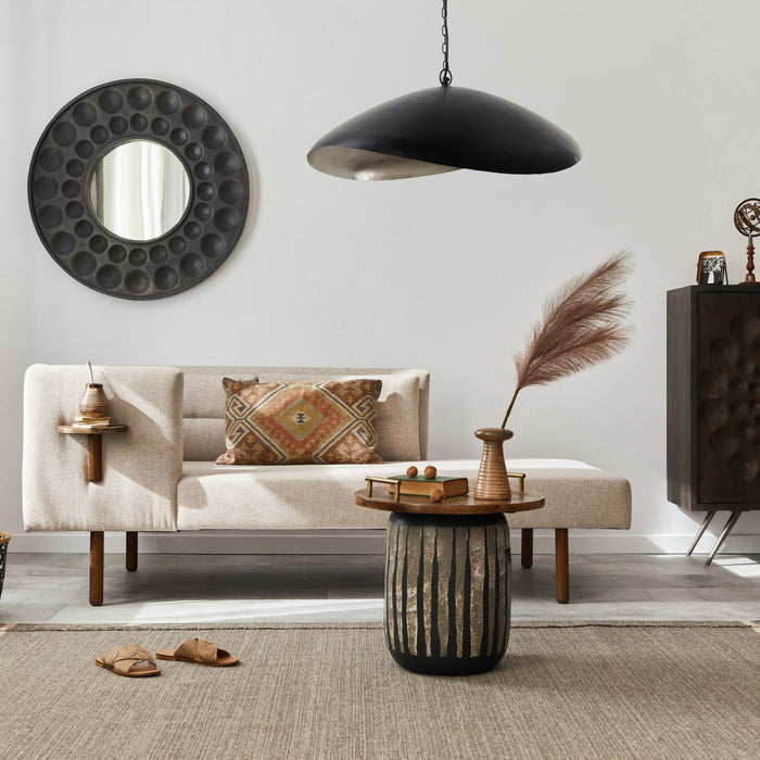 22" W Jane Industrial Black and Silver Dome Shade Pendant in a modern living room with a beige sofa and decorative pillows