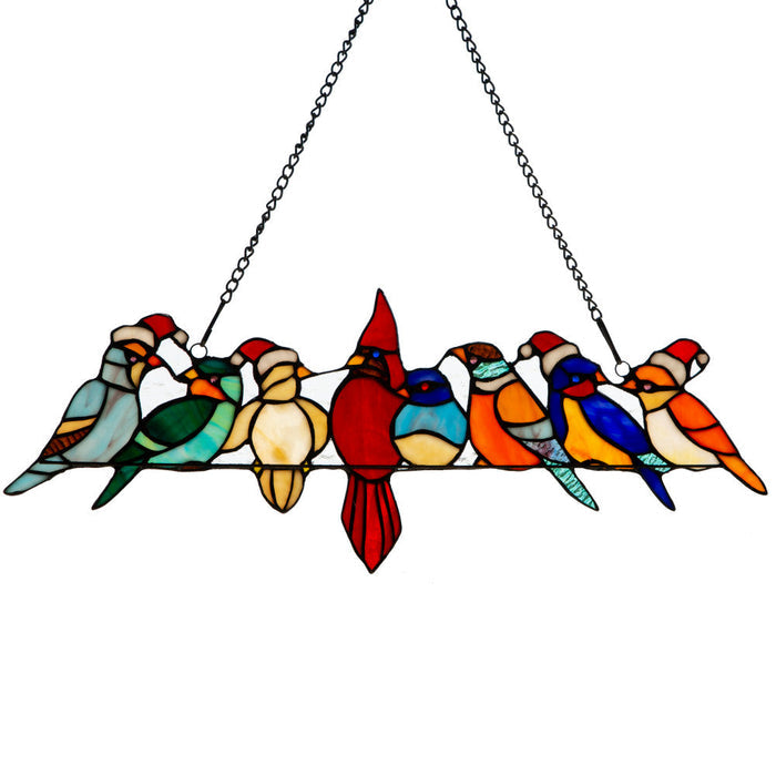 23.25"W Santa Birds on Wire Stained Glass Window Panel-Backlit