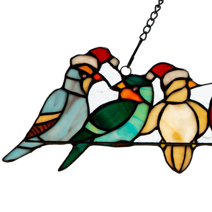 23.25"W Santa Birds on Wire Stained Glass Window Panel. Close up