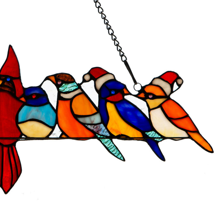 23.25"W Santa Birds on Wire Stained Glass Window Panel. Close up