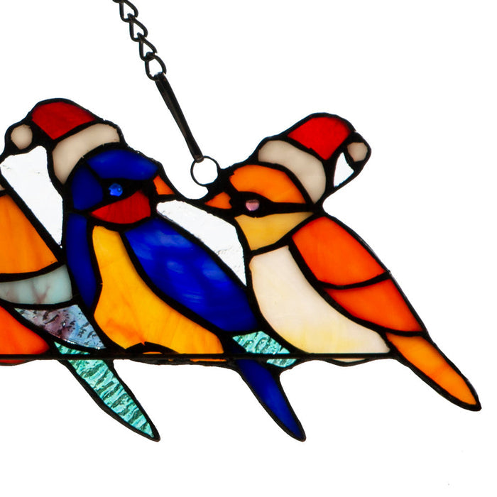 23.25"W Santa Birds on Wire Stained Glass Window Panel. Close up