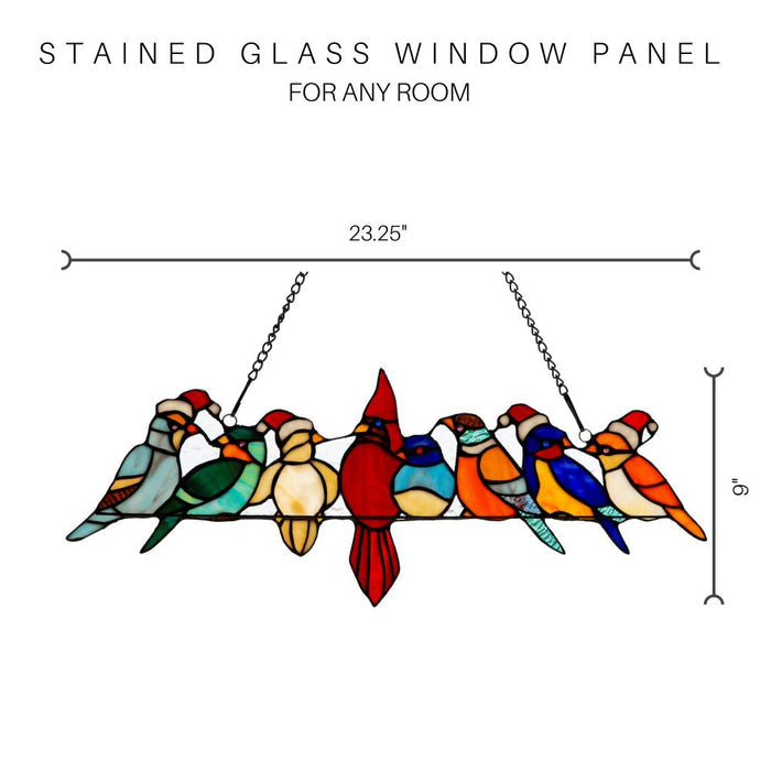 23.25"W Santa Birds on Wire Stained Glass Window Panel