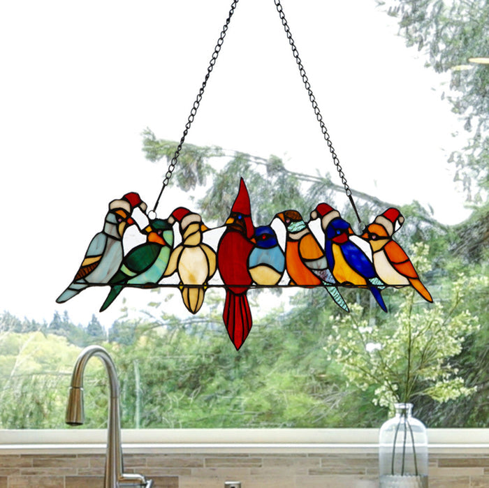 23.25"W Santa Birds on Wire Stained Glass Window Panel