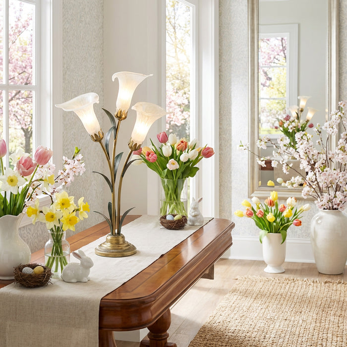 23.5"H Hand Blown Glass 3 Calla Lily Uplight Accent Lamp in a decorative table setting with flowers in a bright room.