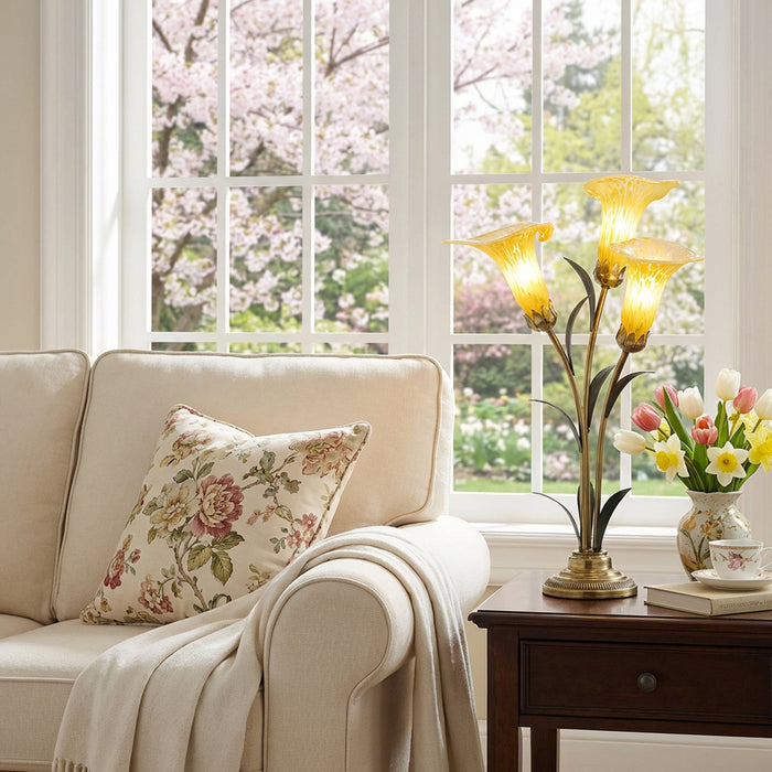 23.5"H Hand Blown Glass 3 Calla Lily Uplight Accent Lamp in a living room with beige sofa and a floral pillow