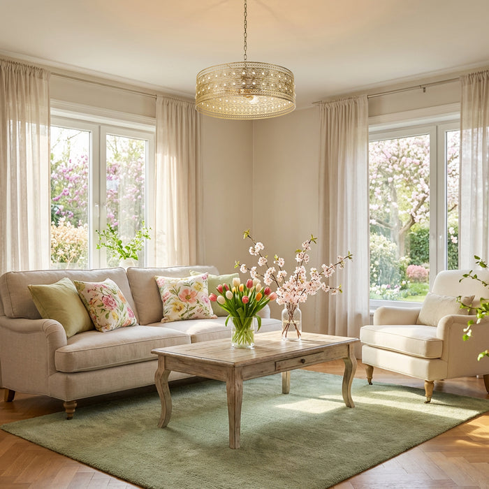 23.5"W Bryar Brass and Crystal 3-Light Chandelier in a living room with beige sofa, wooden coffee table, and floral arrangements.