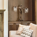 23.75"H Grecian Goddess Beaded Table Lamp on a wooden cabinet in a living room setting.