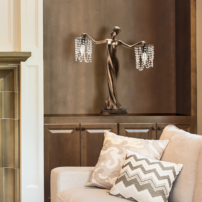 23.75"H Grecian Goddess Beaded Table Lamp on a wooden cabinet in a living room setting.