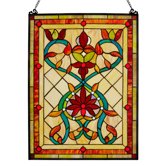 24"H Tiffany Style Stained Glass Fiery Hearts and Flowers Window Panel. Backlit