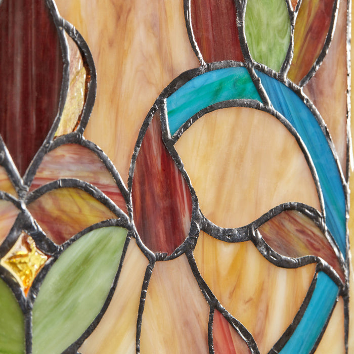24"H Tiffany Style Stained Glass Fiery Hearts and Flowers Window Panel. Close up