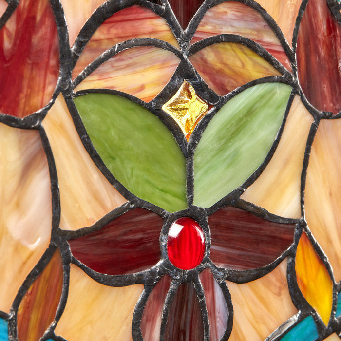 24"H Tiffany Style Stained Glass Fiery Hearts and Flowers Window Panel. Close up