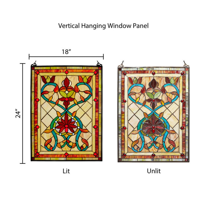 24"H Tiffany Style Stained Glass Fiery Hearts and Flowers Window Panel