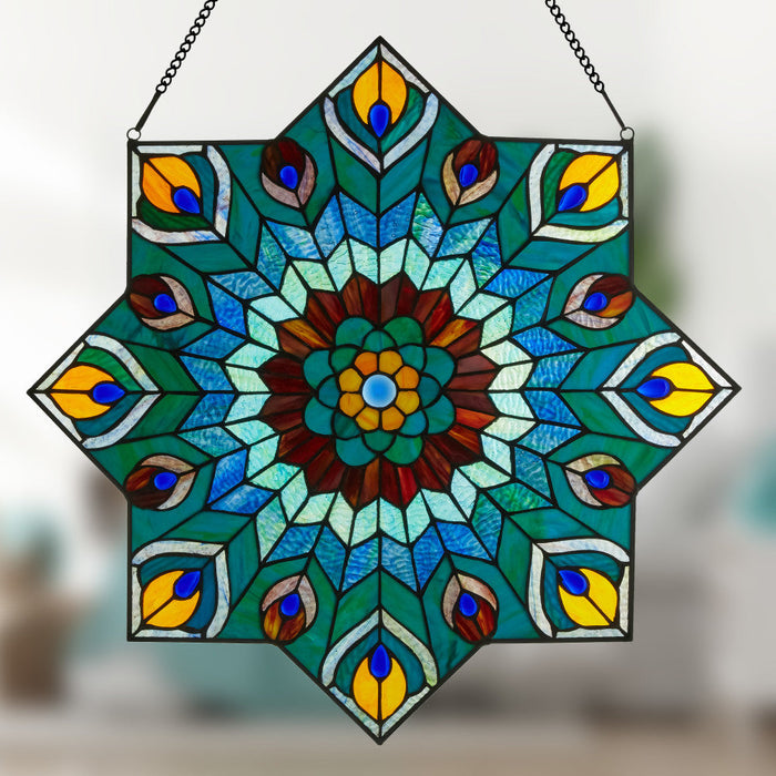24"H Tiffany Style Stained Glass Peacock Star Window Panel on a blurred background