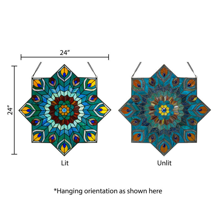24"H Tiffany Style Stained Glass Peacock Star Window Panel-Comparison between backlit and frontlit