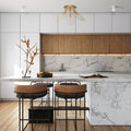 24"W Noelle Gold Leaf Shade Ceiling Light in a modern kitchen with marble countertops, wooden cabinets, and bar stools.