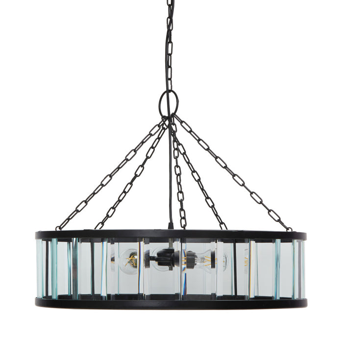25" W 3-Light Gwen Black Metal and Glass Pendant. Shade closeup-Off