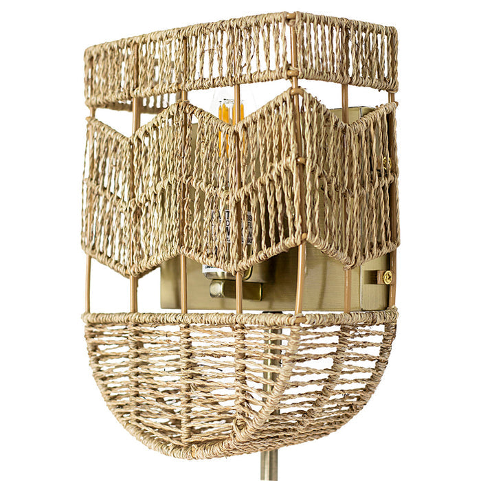 25.75"H Brushed Gold Iron Wall Sconce with Hemp Rope Shade. Shade closeup-Off