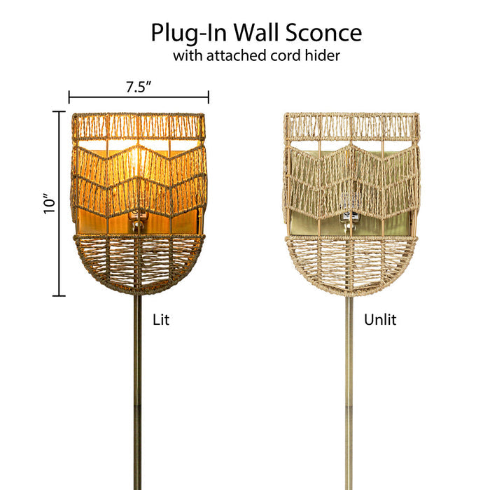 25.75"H Brushed Gold Iron Wall Sconce with Hemp Rope Shade