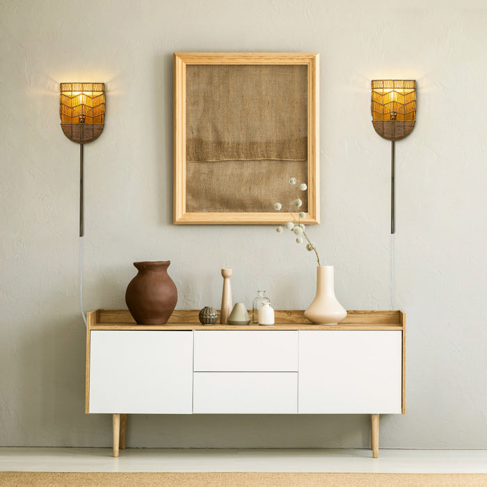 25.75"H Brushed Gold Iron Wall Sconce with Hemp Rope Shade