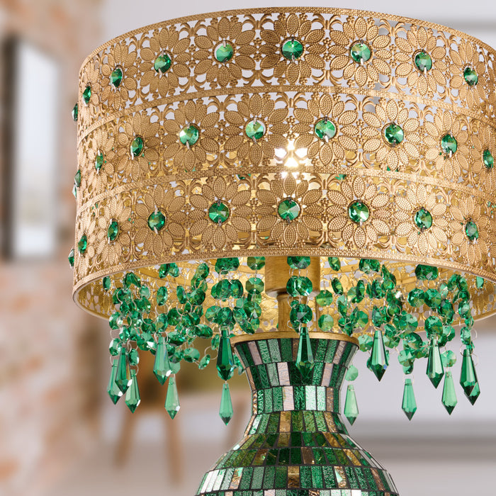 25"H Jeweled Gold Metal and Mosaic Base Table Lamp with Cascading Green Crystals against a blurred out living room scene