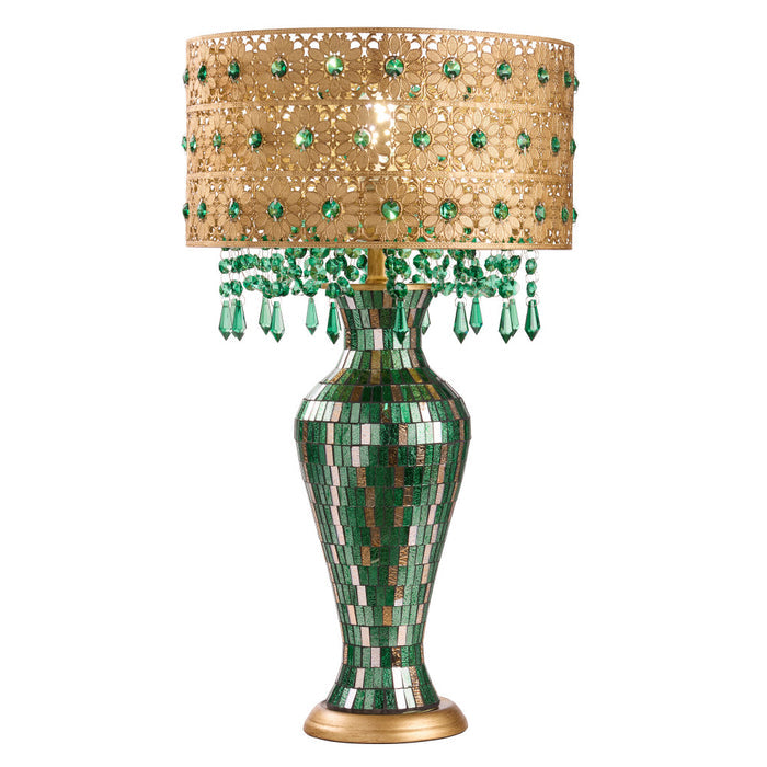25"H Jeweled Gold Metal and Mosaic Base Table Lamp with Cascading Green Crystals-On