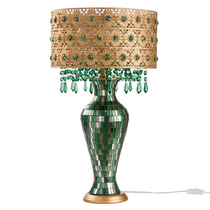 25"H Jeweled Gold Metal and Mosaic Base Table Lamp with Cascading Green Crystals-Off
