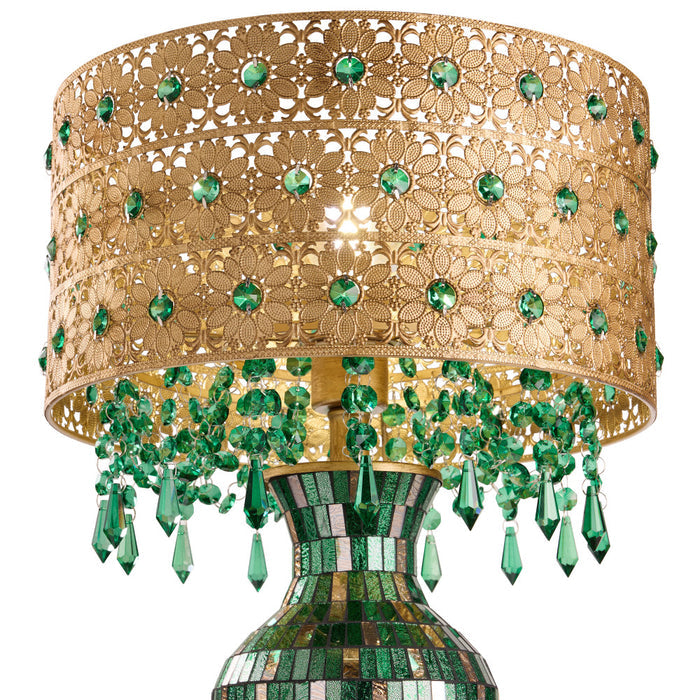 25"H Jeweled Gold Metal and Mosaic Base Table Lamp with Cascading Green Crystals. Shade closeup-On