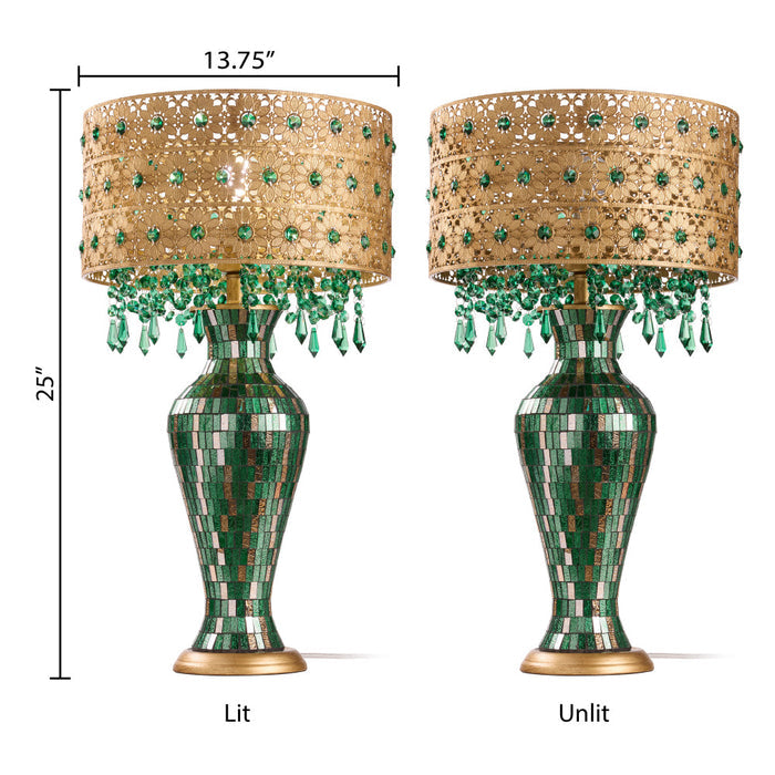 25"H Jeweled Gold Metal and Mosaic Base Table Lamp with Cascading Green Crystals