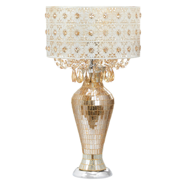 25"H Jeweled Metal and Mosaic Base Table Lamp with Cascading Crystals-Off