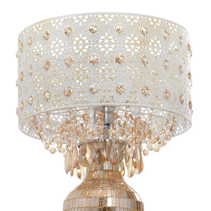 25"H Jeweled Metal and Mosaic Base Table Lamp with Cascading Crystals. Shade closeup-Off