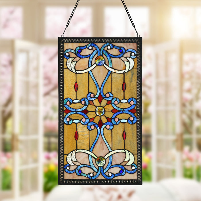 26"H Stained Glass Brandi's Window Panel hanging in a garden setting