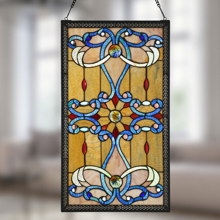 26"H Stained Glass Brandi's Window Panel on a blurred background