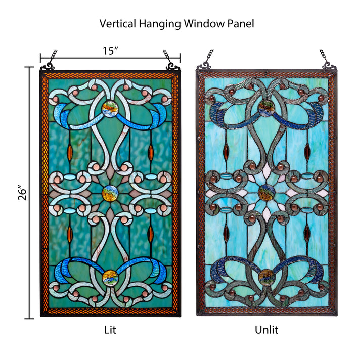 26"H Tiffany Style Stained Glass Brandi's Window Panel. - Comparison between backlit (left) and frontlit (right)
