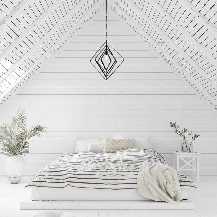 27.5" L Carmen Industrial Black Square Shade Pendant Light in a neatly made bed with striped bedding in a room with white walls and a geometric ceiling design.