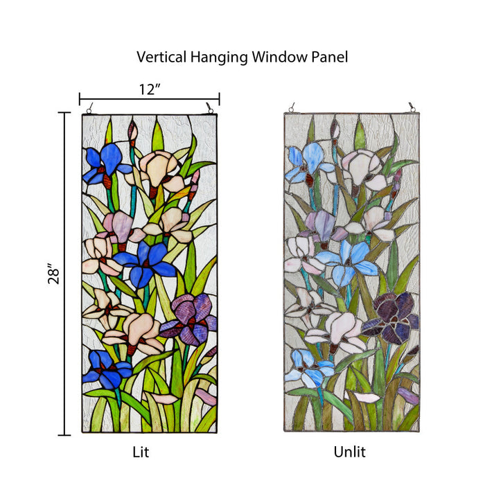 28" H Floral Purple Iris Stained Glass Window Panel