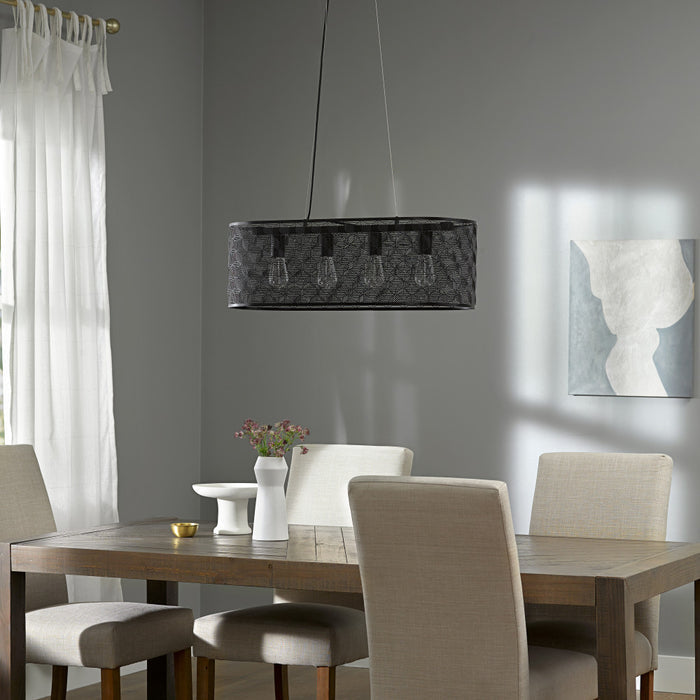 30" 4-Light Gianna Chandelier Black in a dining room with wooden table, chairs and abstract painting on gray wall.