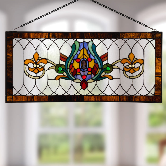 30"L Fleur De Lis Stained Glass Pub Window Panel