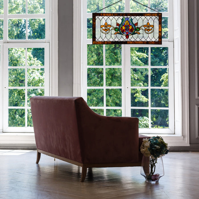 30"L Fleur De Lis Stained Glass Pub Window Panel