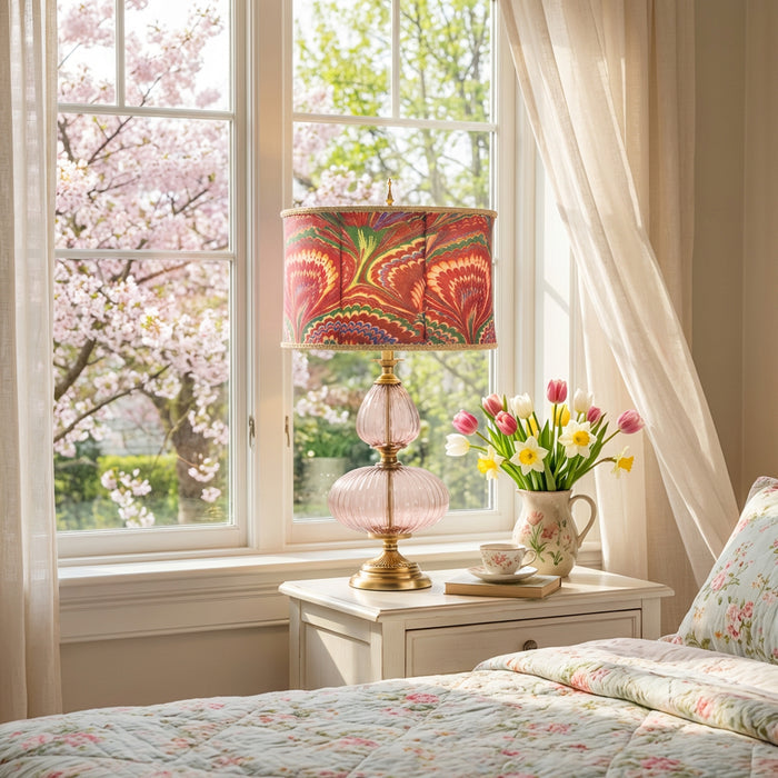 31.5" H Dash Red Printed Drum Shade Geometric Pink Glass Table Lamp on a nightstand by a window with cherry blossoms outside.